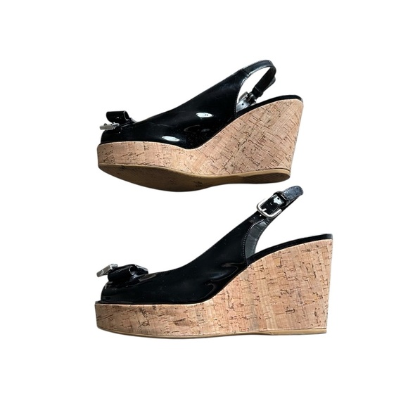 Stuart Weitzman Black Bodajean Bow Patent Leather Wedge Sandals Size 8.5 - Picture 6 of 10